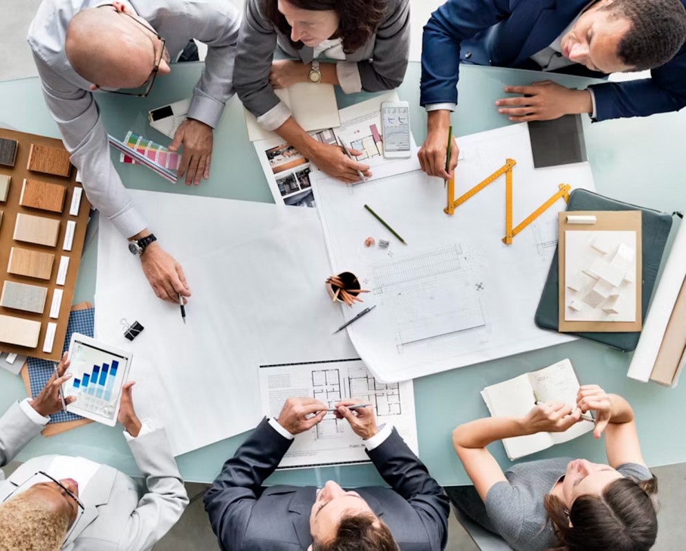 overhead view of people in a meeting