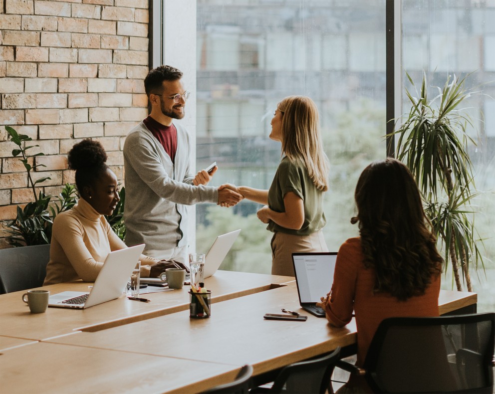 people in a meeting shaking hands